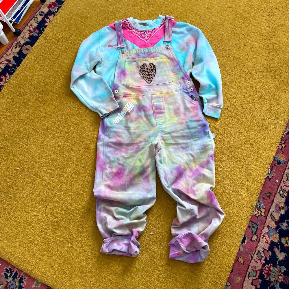 UNICORN BOHO custom dyed, patched and painted denim overalls